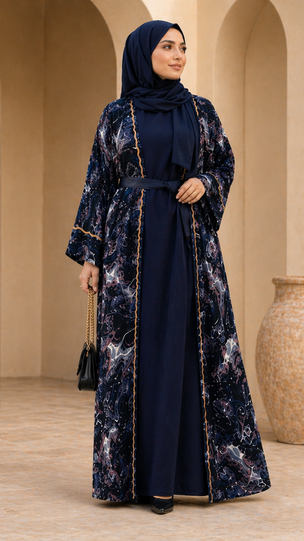 4 Piece Dubai Open Abaya Royal Blue Color