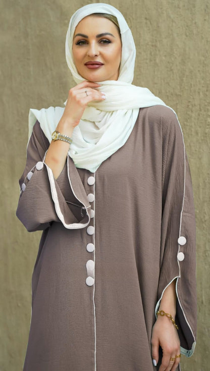 Dubai Abaya with White Piping and Show Buttons on the Front and Sleeves (Cafe) - USA Hijab World