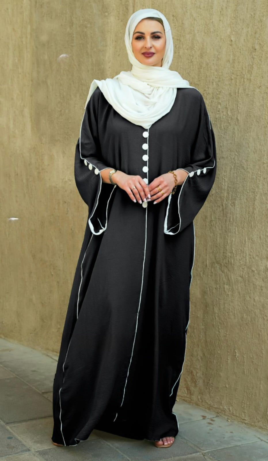 Dubai Abaya with White Piping and Show Buttons on the Front and Sleeves Black - USA Hijab World