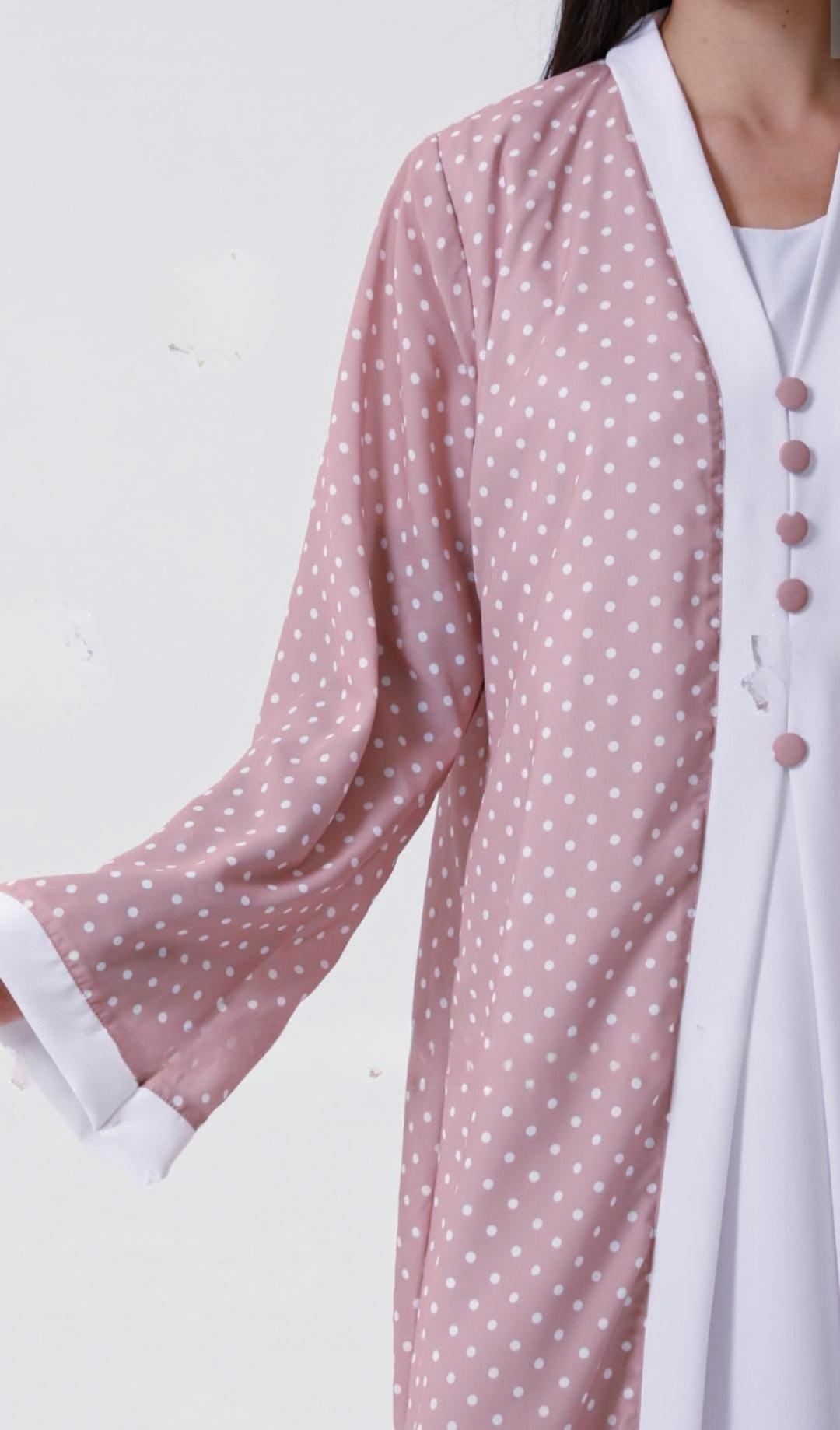 Dubai Shrug Abaya With Polka Dot Print In Pink - USA Hijab World