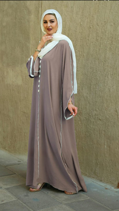 Dubai Abaya with White Piping and Show Buttons on the Front and Sleeves (Cafe) - USA Hijab World