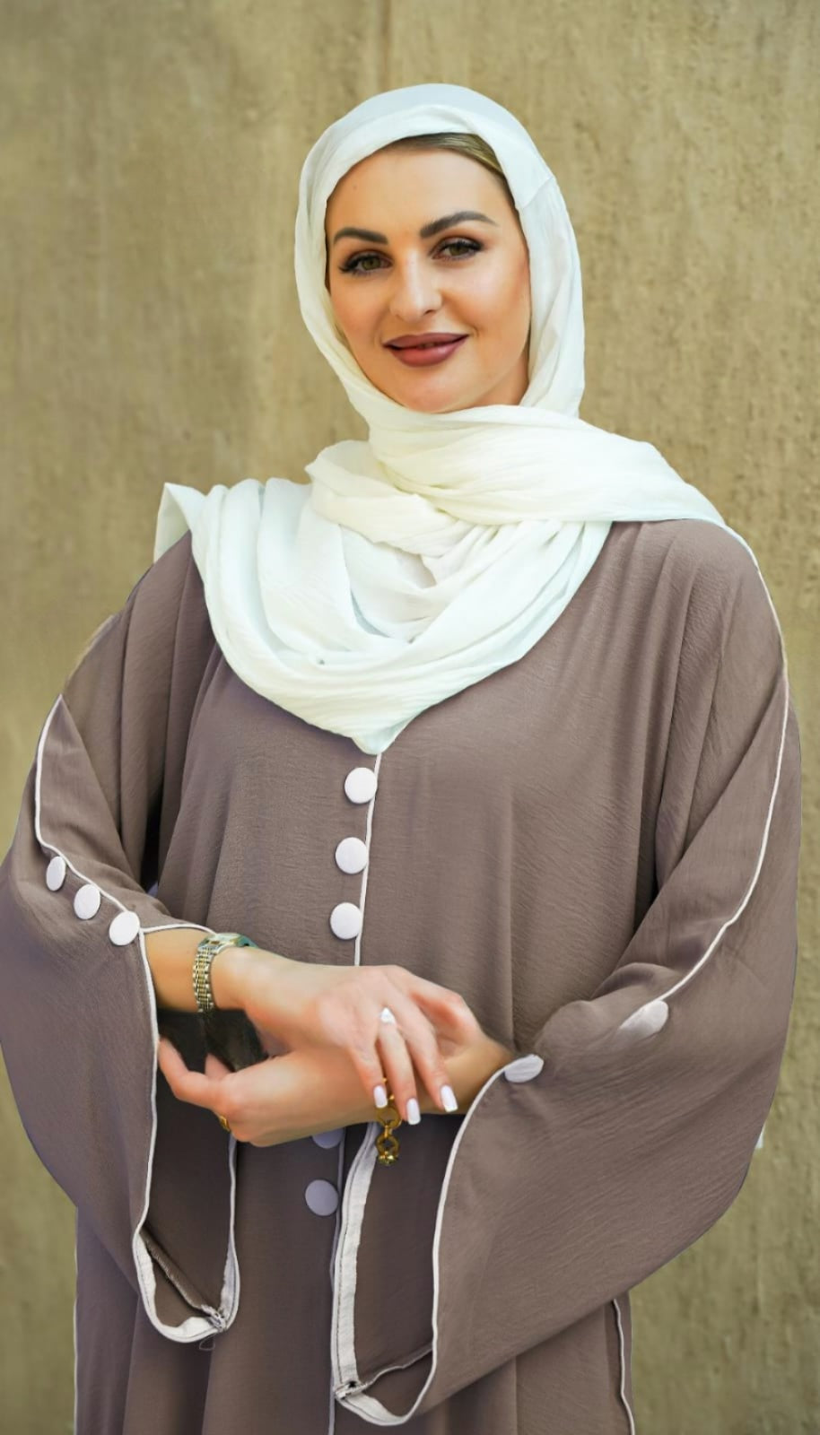 Dubai Abaya with White Piping and Show Buttons on the Front and Sleeves (Cafe) - USA Hijab World