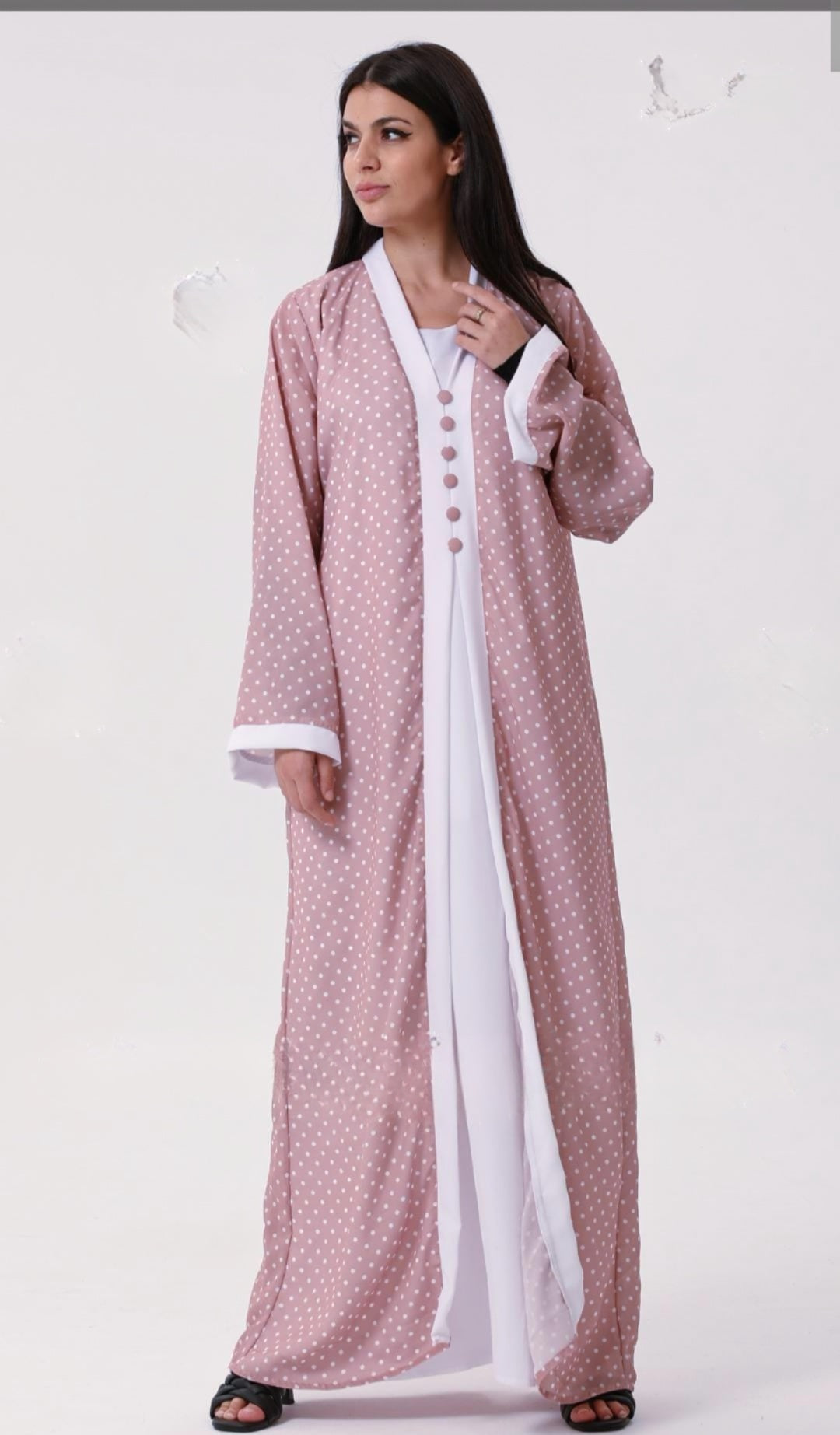 Dubai Shrug Abaya With Polka Dot Print In Pink - USA Hijab World