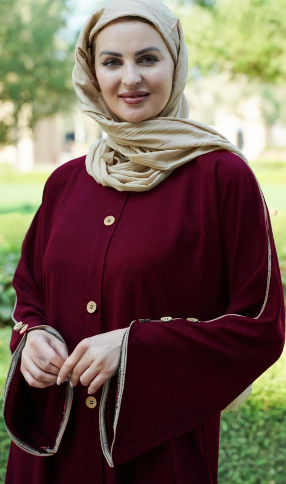 Dubai Abaya With Beige Piping And Show Button on the Front And Sleeves In Maroon - USA Hijab World