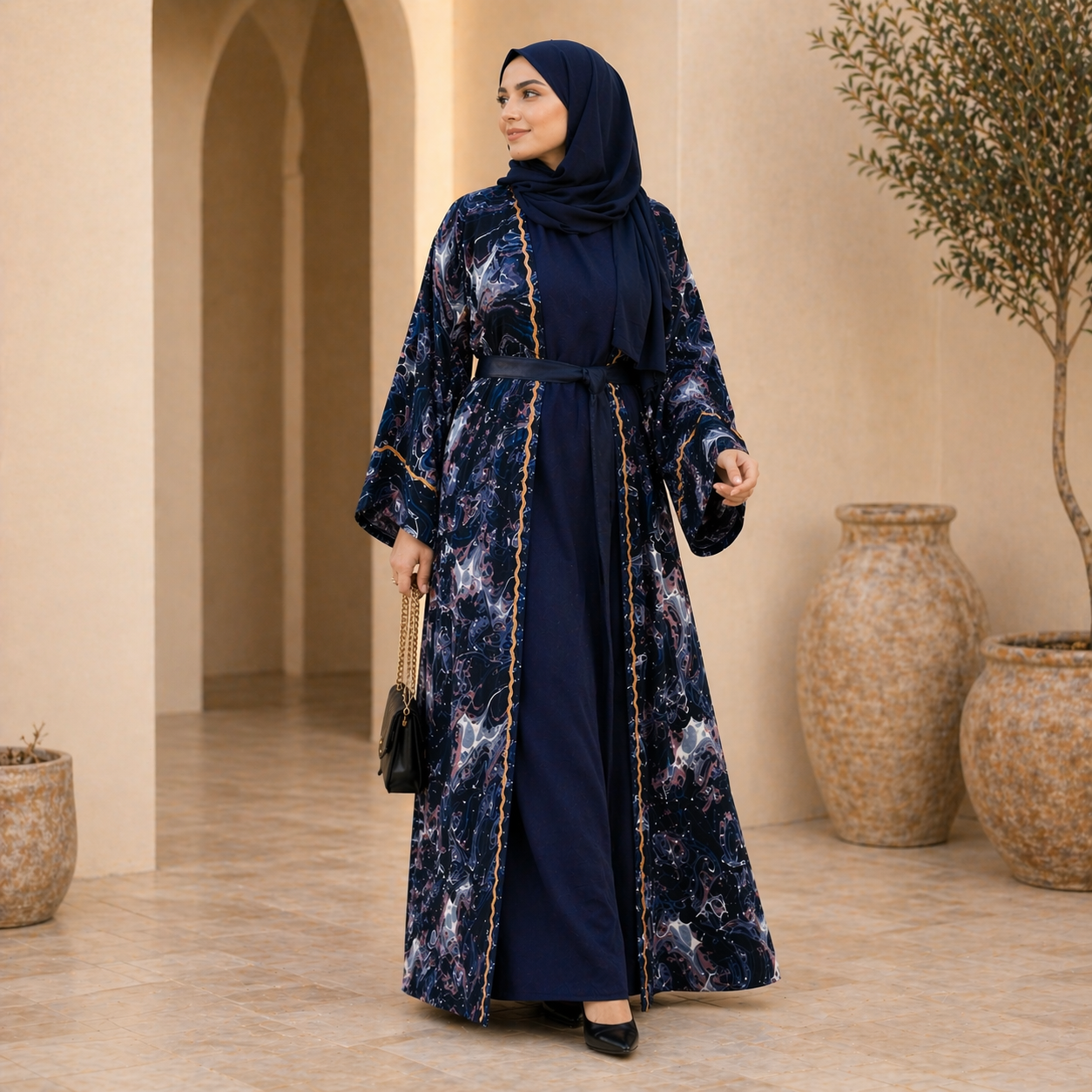 4 Piece Dubai Open Abaya Royal Blue Color