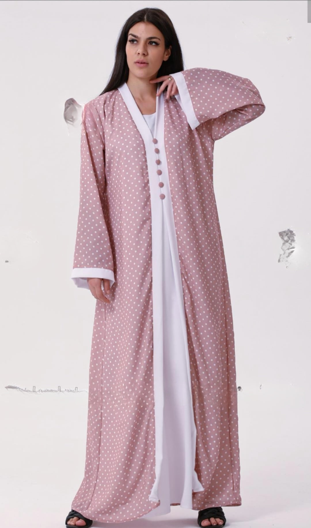 Dubai Shrug Abaya With Polka Dot Print In Pink - USA Hijab World