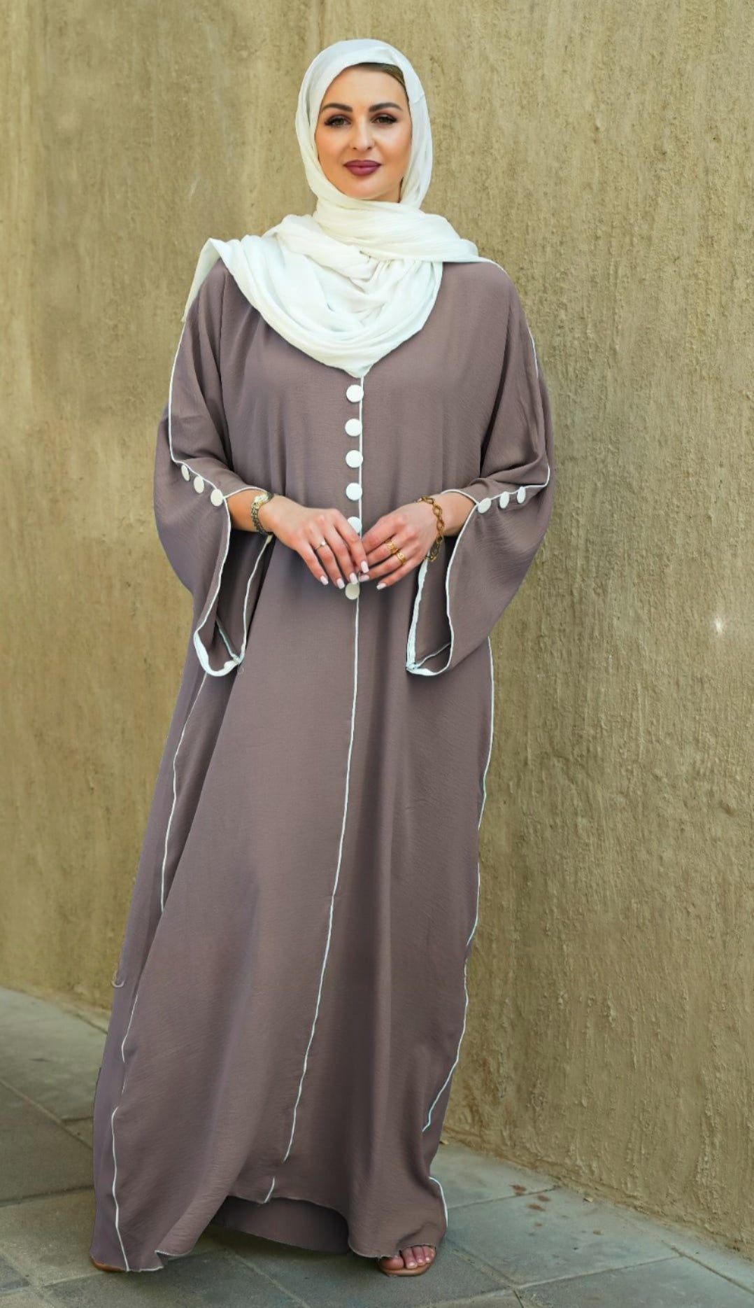 Dubai Abaya with White Piping and Show Buttons on the Front and Sleeves (Cafe) - USA Hijab World