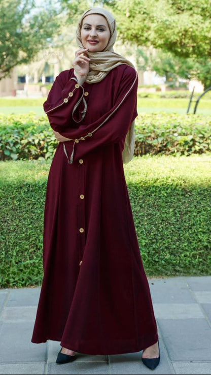 Dubai Abaya With Beige Piping And Show Button on the Front And Sleeves In Maroon - USA Hijab World