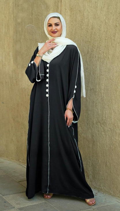 Dubai Abaya with White Piping and Show Buttons on the Front and Sleeves Black - USA Hijab World