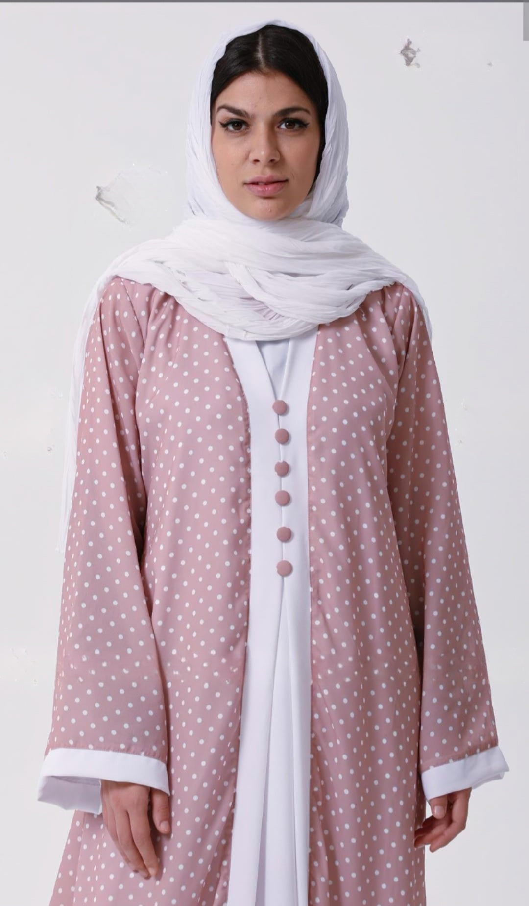 Dubai Shrug Abaya With Polka Dot Print In Pink - USA Hijab World