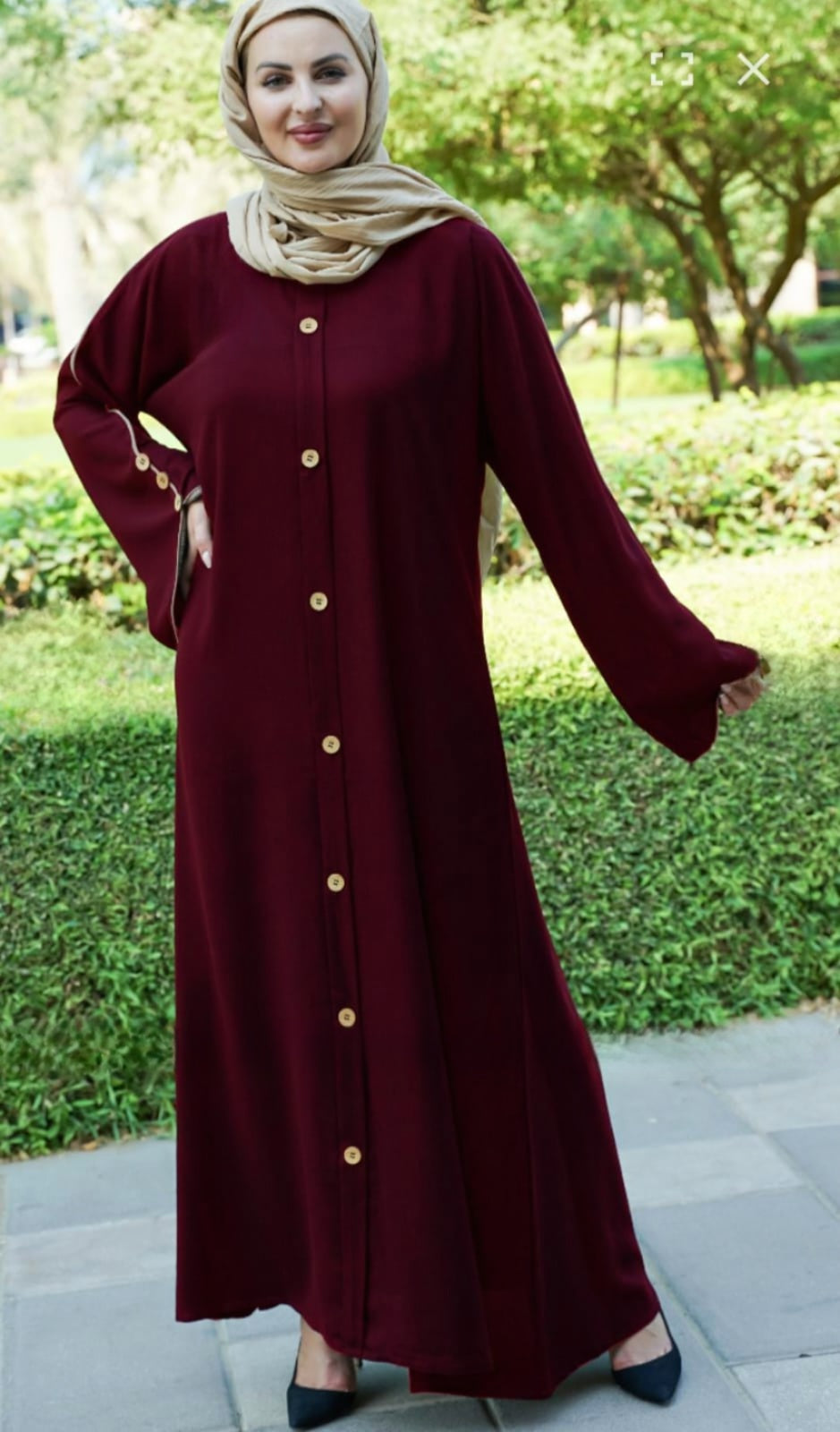 Dubai Abaya With Beige Piping And Show Button on the Front And Sleeves In Maroon - USA Hijab World