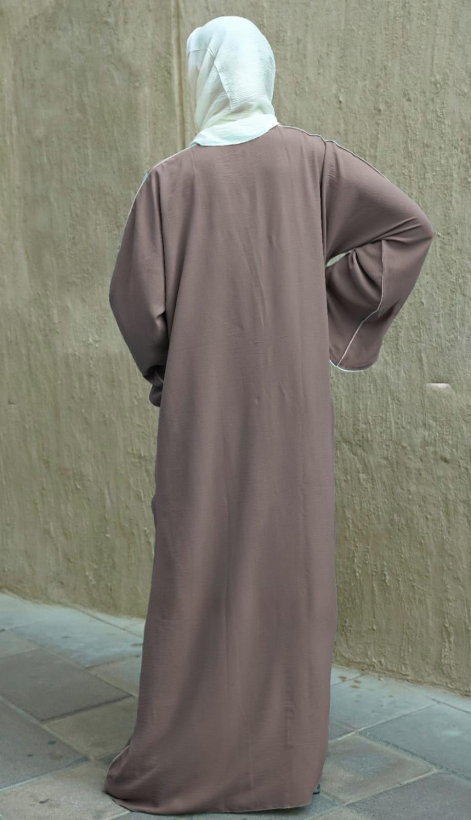 Dubai Abaya with White Piping and Show Buttons on the Front and Sleeves (Cafe) - USA Hijab World