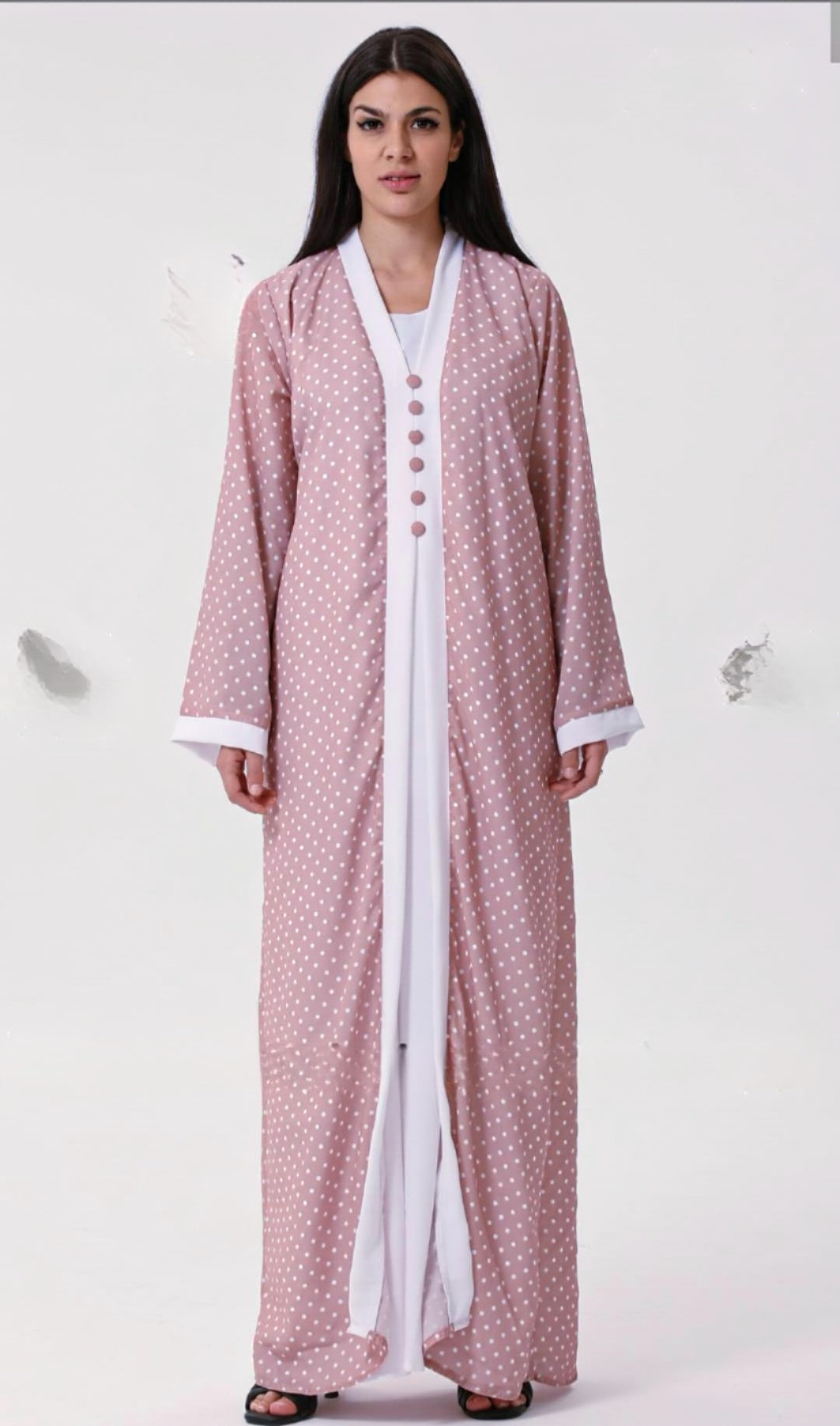 Dubai Shrug Abaya With Polka Dot Print In Pink - USA Hijab World