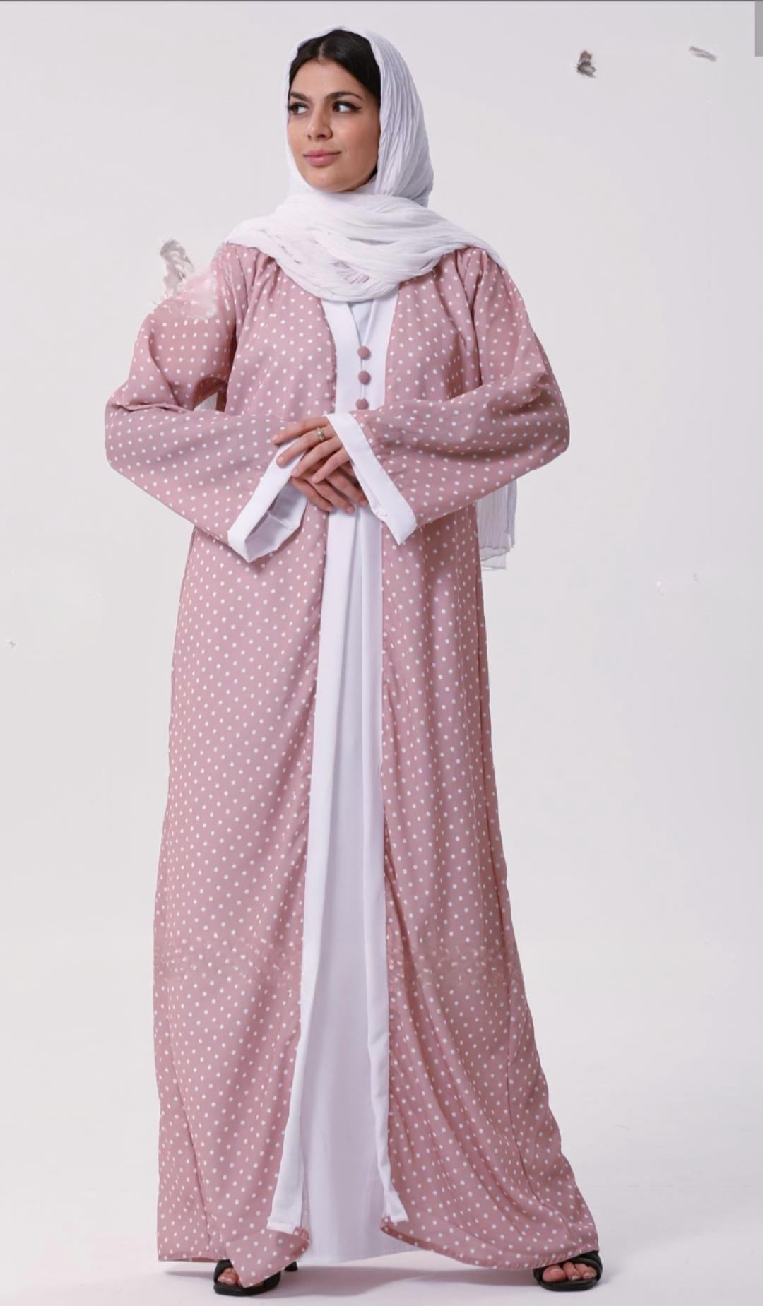 Dubai Shrug Abaya With Polka Dot Print In Pink - USA Hijab World