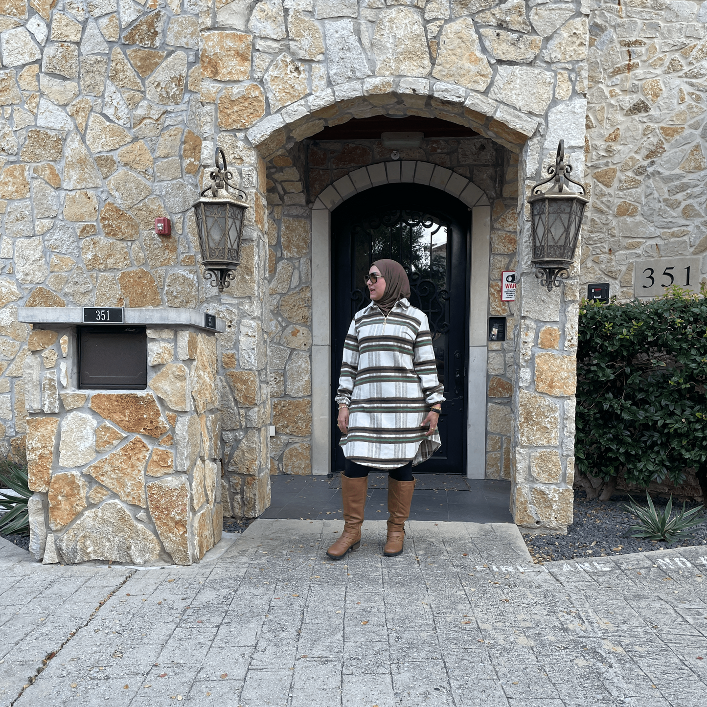 Modest Winter Wear-Turkish Long Hooded Tunic Outfit for Women in Brown & Green