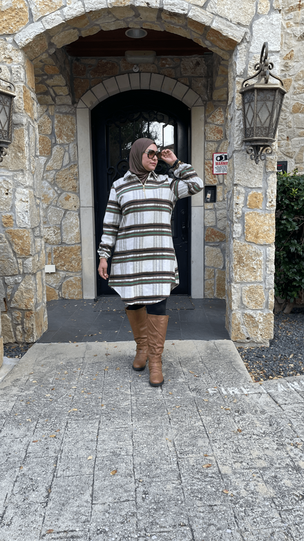 Modest Winter Wear-Turkish Long Tunic Outfit for Women in Brown & Green