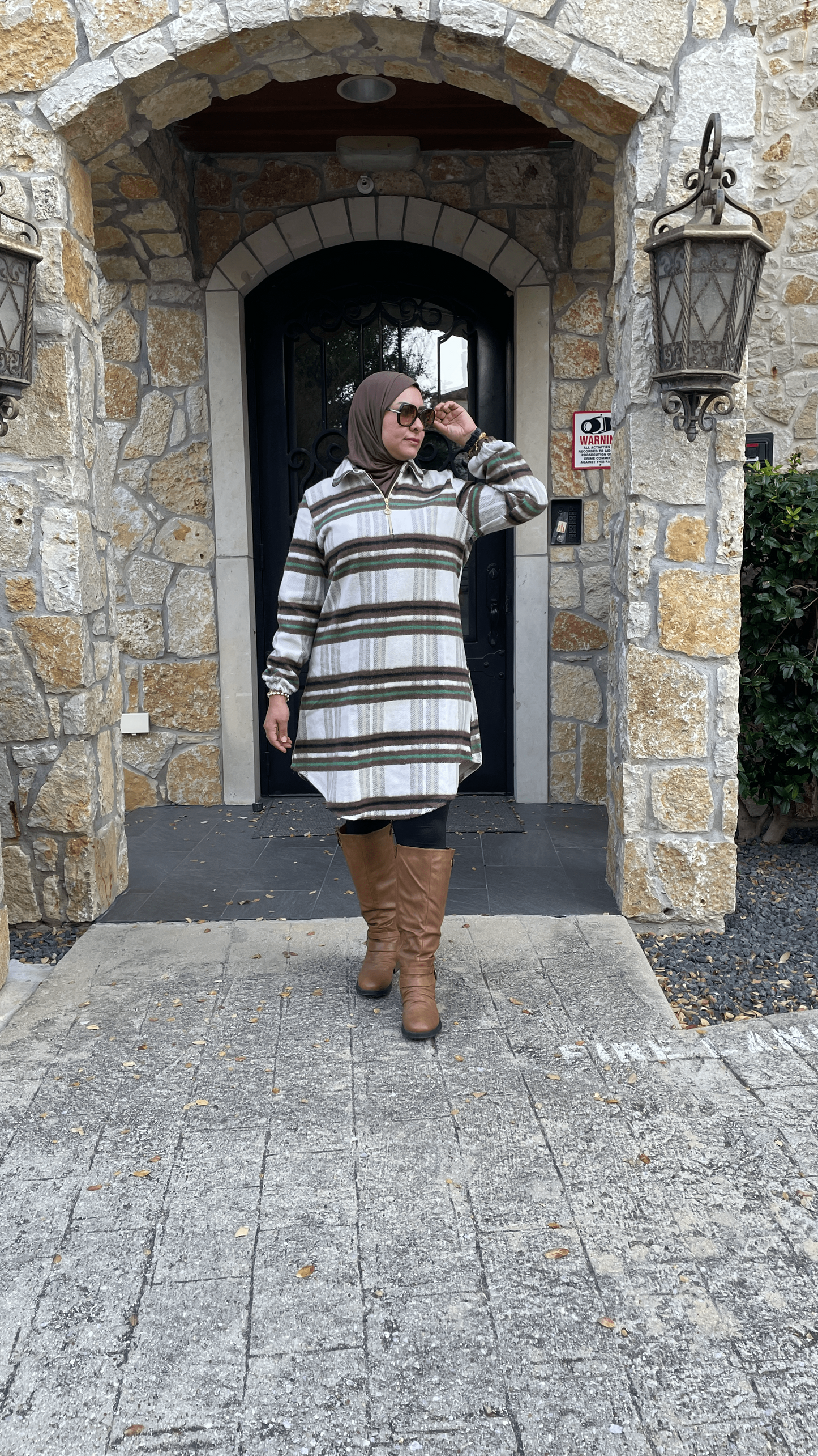 Modest Winter Wear-Turkish Long Hooded Tunic Outfit for Women in Brown & Green