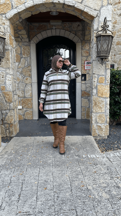 Modest Winter Wear-Turkish Long Hooded Tunic Outfit for Women in Brown & Green