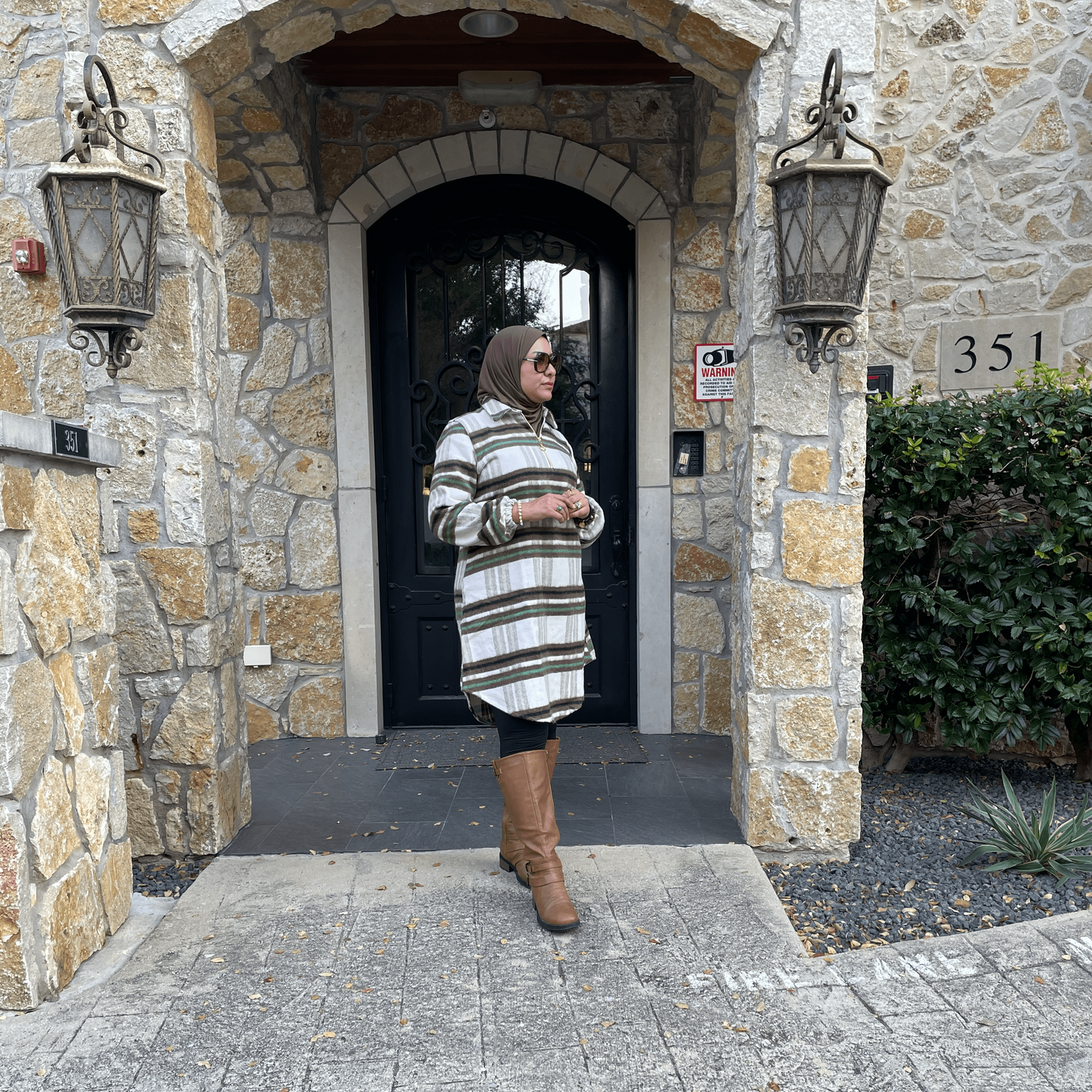 Modest Winter Wear-Turkish Long Hooded Tunic Outfit for Women in Brown & Green