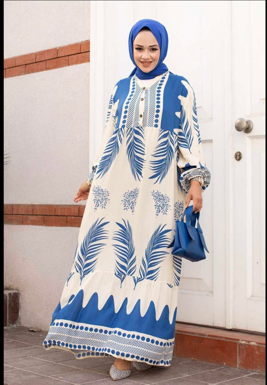 .Turkish Melike Patterned Viscous Dress Blue - USA Hijab World