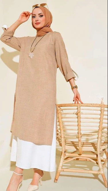 Modest Turkish Dress 3 Piece Set Camel