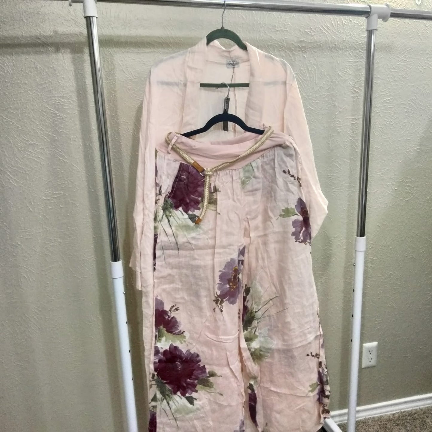 2025 Italian Cardigan Linen  Set with Pants Pink