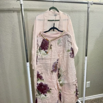 2025 Italian Cardigan Linen  Set with Pants Pink