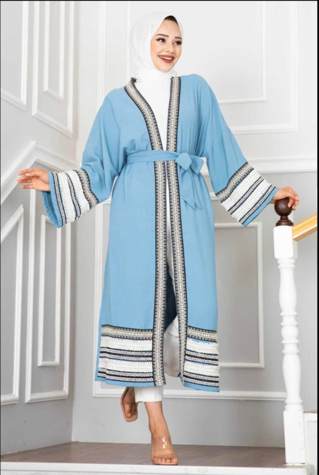 Turkish Aylin Patterned Open Cardigan Kimono Blue - USA Hijab World