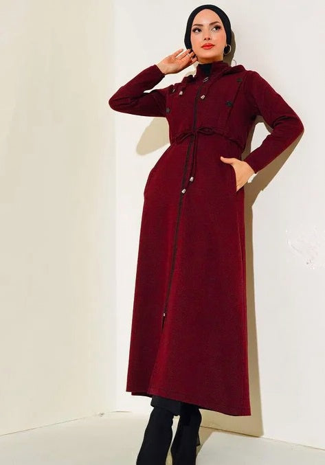 Turkish Hooded Zippered Winter Claret Abaya - USA Hijab World