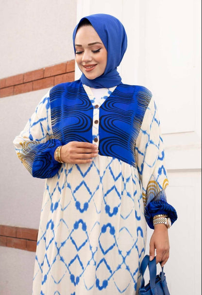 .Turkish Watery Patterned Viscous Dress Blue - USA Hijab World