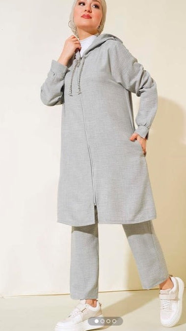 Turkish Zippered Linen 2 Pc Tunic Set Grey - USA Hijab World