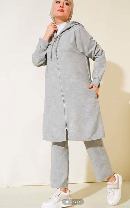 Turkish Zippered Linen 2 Pc Tunic Set Grey - USA Hijab World