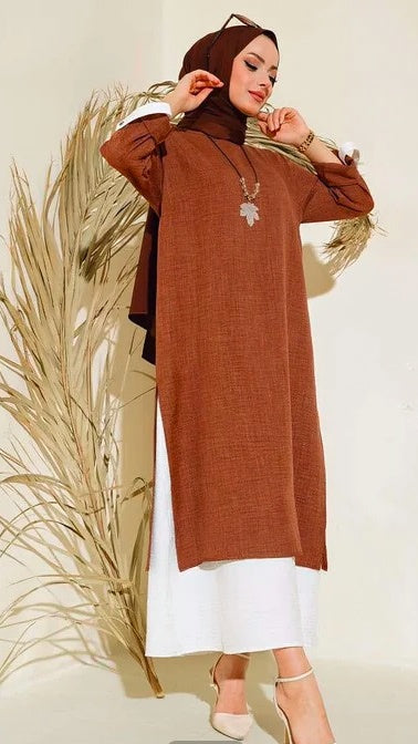 Modest Turkish Dress 3 Piece Set Magenta Brown