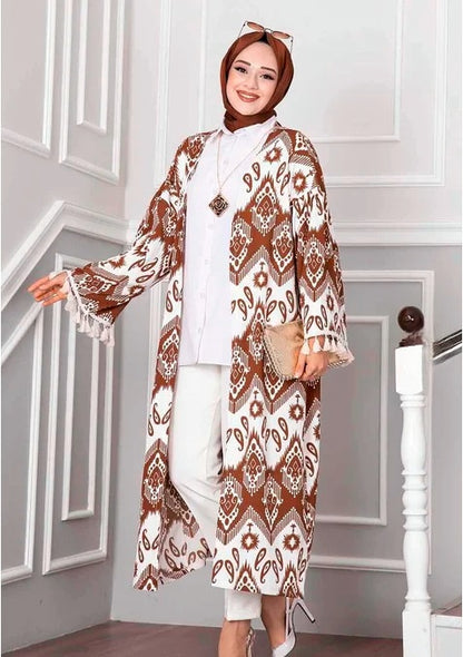 Turkish Hijab Cardigan Brown with Tassel Detail on Sleeves - USA Hijab World