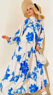Modest Turkish Dress with Patterned Collar Blacks Saxe Blue