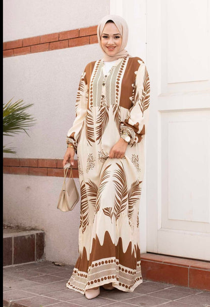 .Turkish Melike Patterned Viscous Dress Brown - USA Hijab World