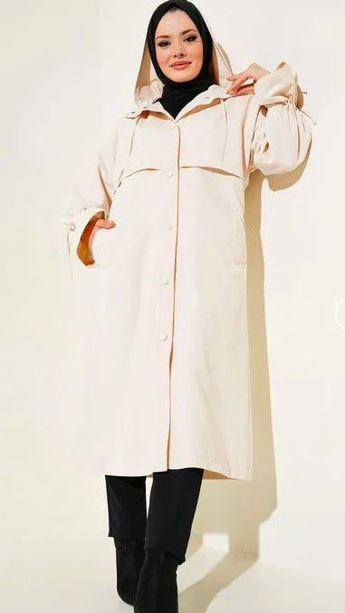 Turkish Hooded Snap Button Trench Coat Beige - USA Hijab World