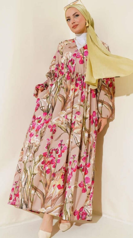 .Turkish Patterned V Neck Cotton Dress Pink - USA Hijab World