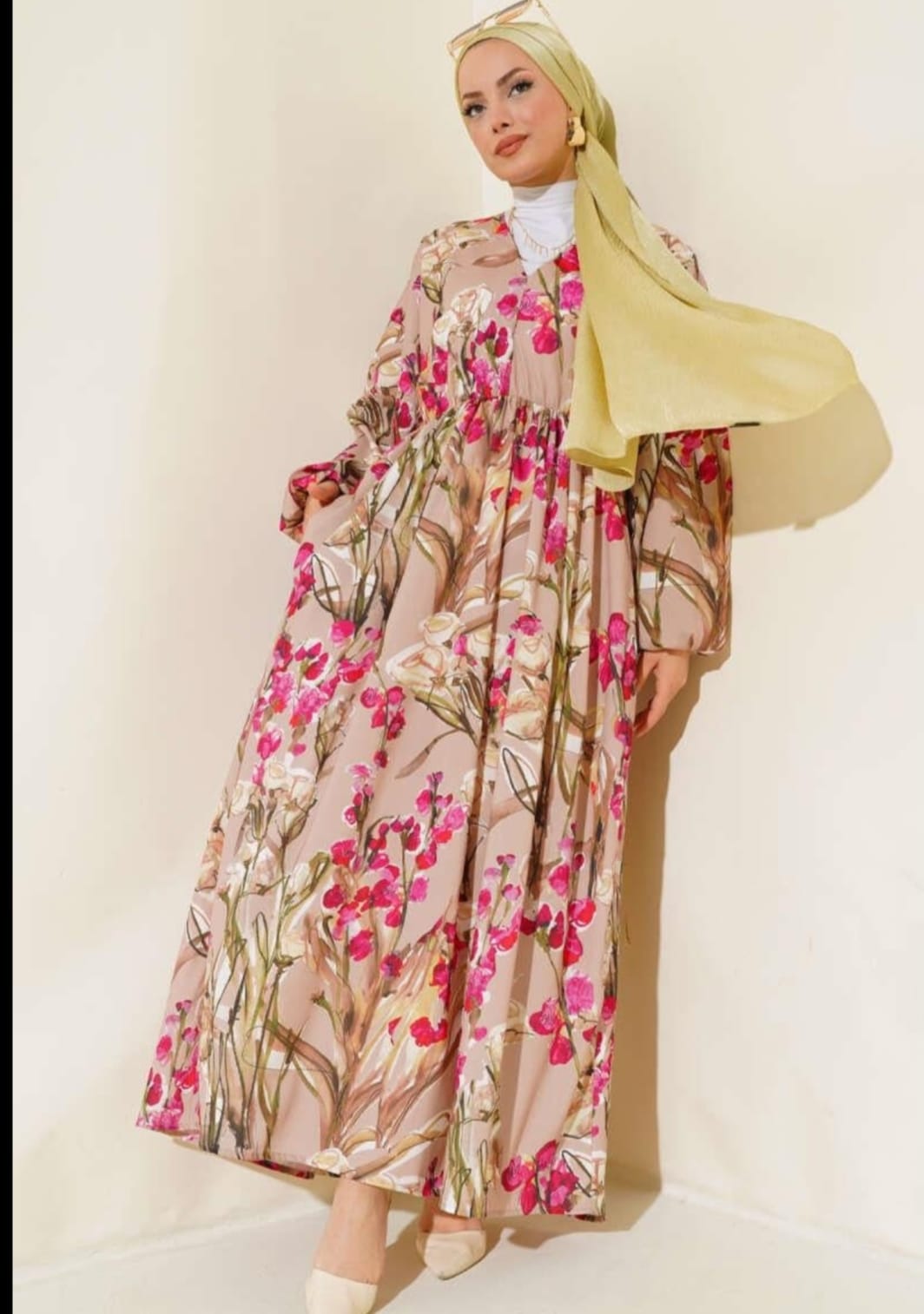 .Turkish Patterned V Neck Cotton Dress Pink - USA Hijab World