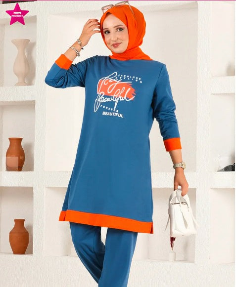 Turkish 2Pcs Hooded Long Sleeve Tunic Set Orange Blue - USA Hijab World