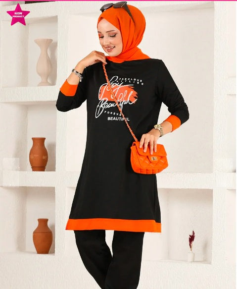 Turkish 2Pcs Hooded Long Sleeve Tunic Set Orange Black - USA Hijab World