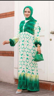 .Turkish Cotton Watery Patterned Viscous Dress Green - USA Hijab World