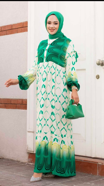 .Turkish Cotton Watery Patterned Viscous Dress Green - USA Hijab World