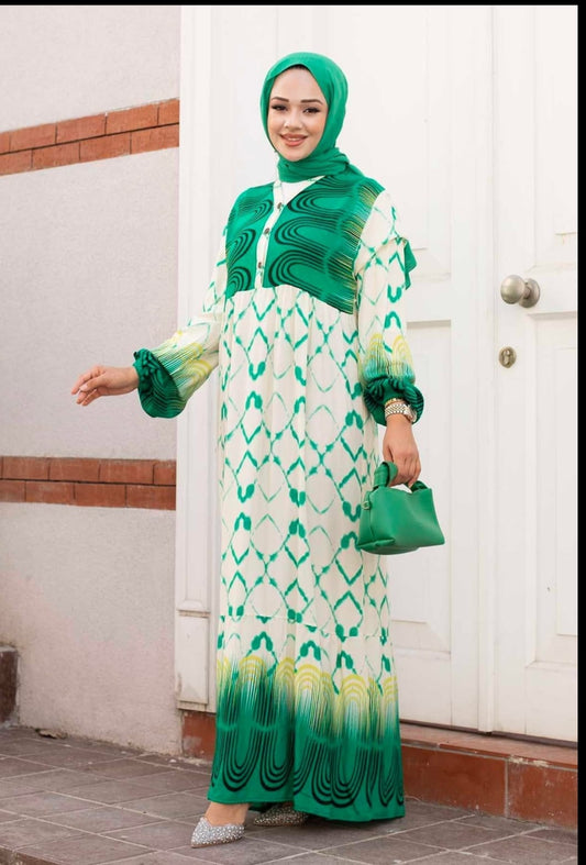 .Turkish Cotton Watery Patterned Viscous Dress Green - USA Hijab World