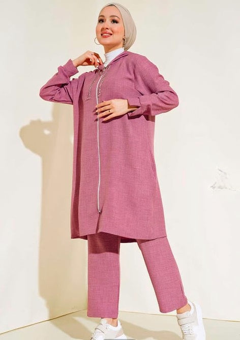 Turkish Zippered Linen 2 Pc Tunic Set Purple - USA Hijab World