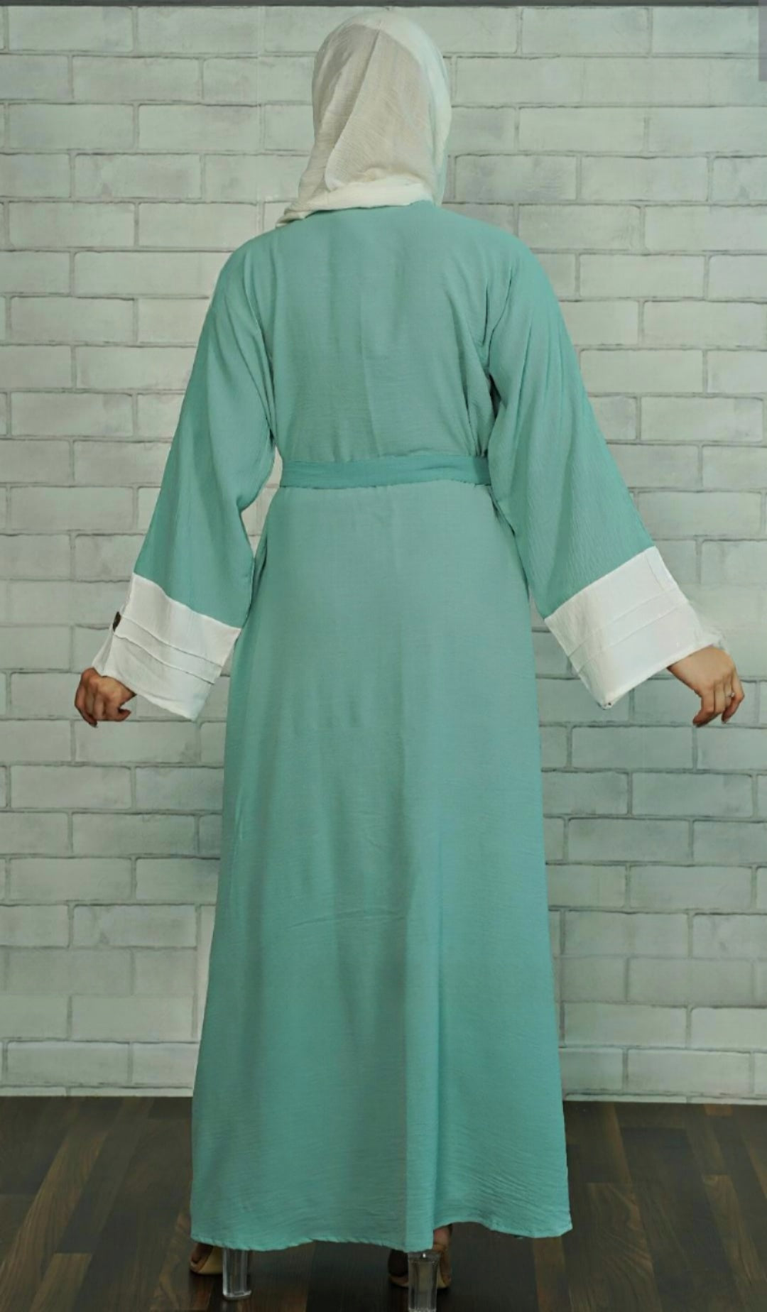 Dubai Long Sleeve open Abaya with Attached Cotton Long Basic Green - USA Hijab World