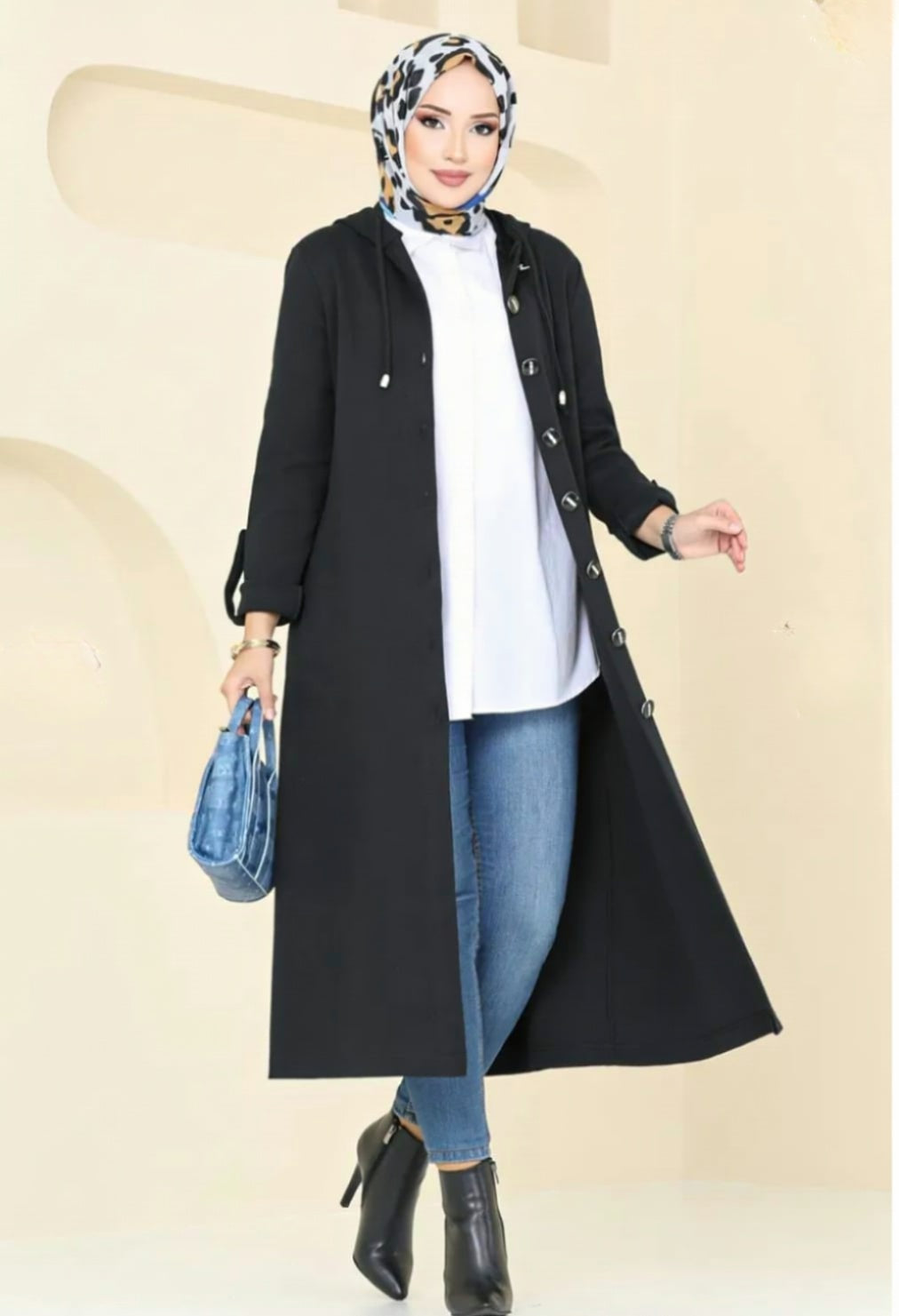 Turkish Long Sleeve Buttoned Overcoat Black - USA Hijab World