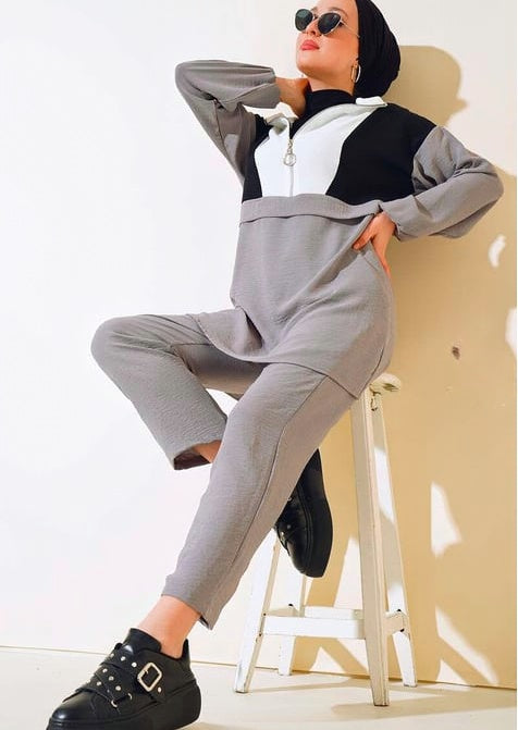 Turkish long Sleve 2 PCs Tunic Set Grey - USA Hijab World