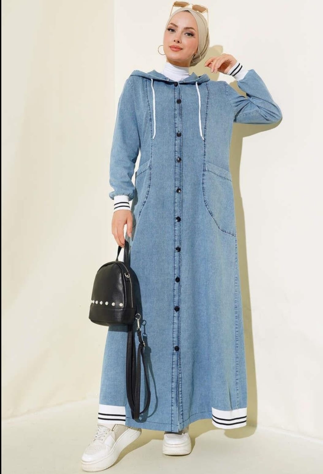 Turkish Long Sleeve Buttoned Hooded Denim Cotton Abaya - USA Hijab World