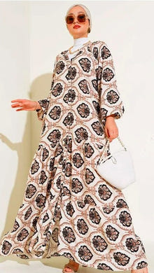 Modest Turkish Dress with Judge Collar Patterned Casual Dress Beige